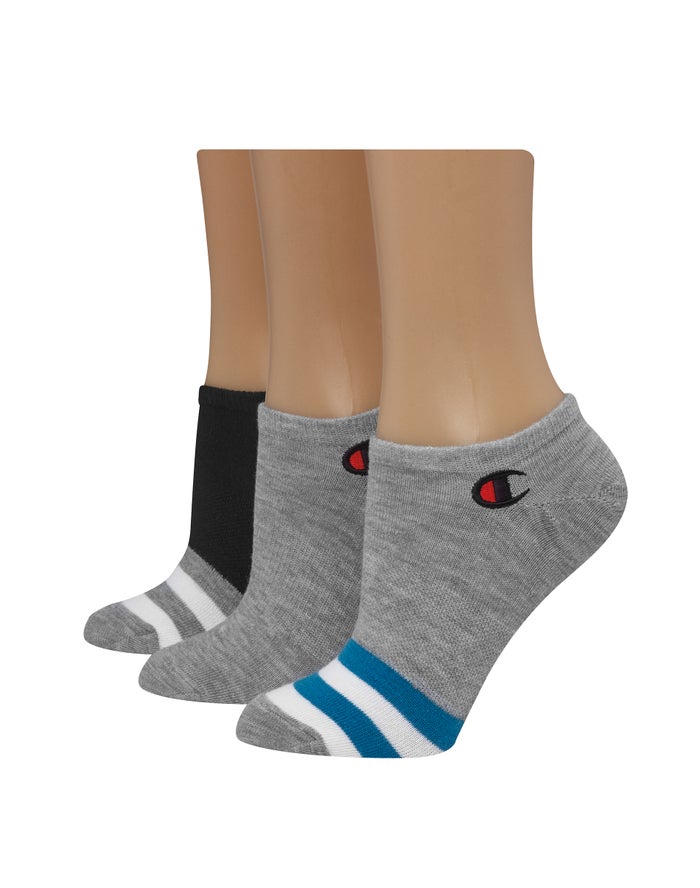 Champion Womens Socks NZ - Super No-Show Embroidered Logo 3-Pairs Grey ( 7861-GQEAZ )